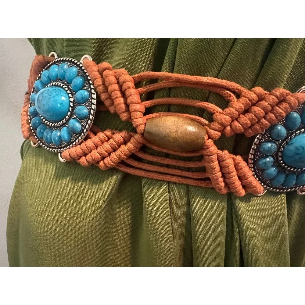 Macrame Braided Belt Terracotta Turquoise Southwestern Boho Up to 40